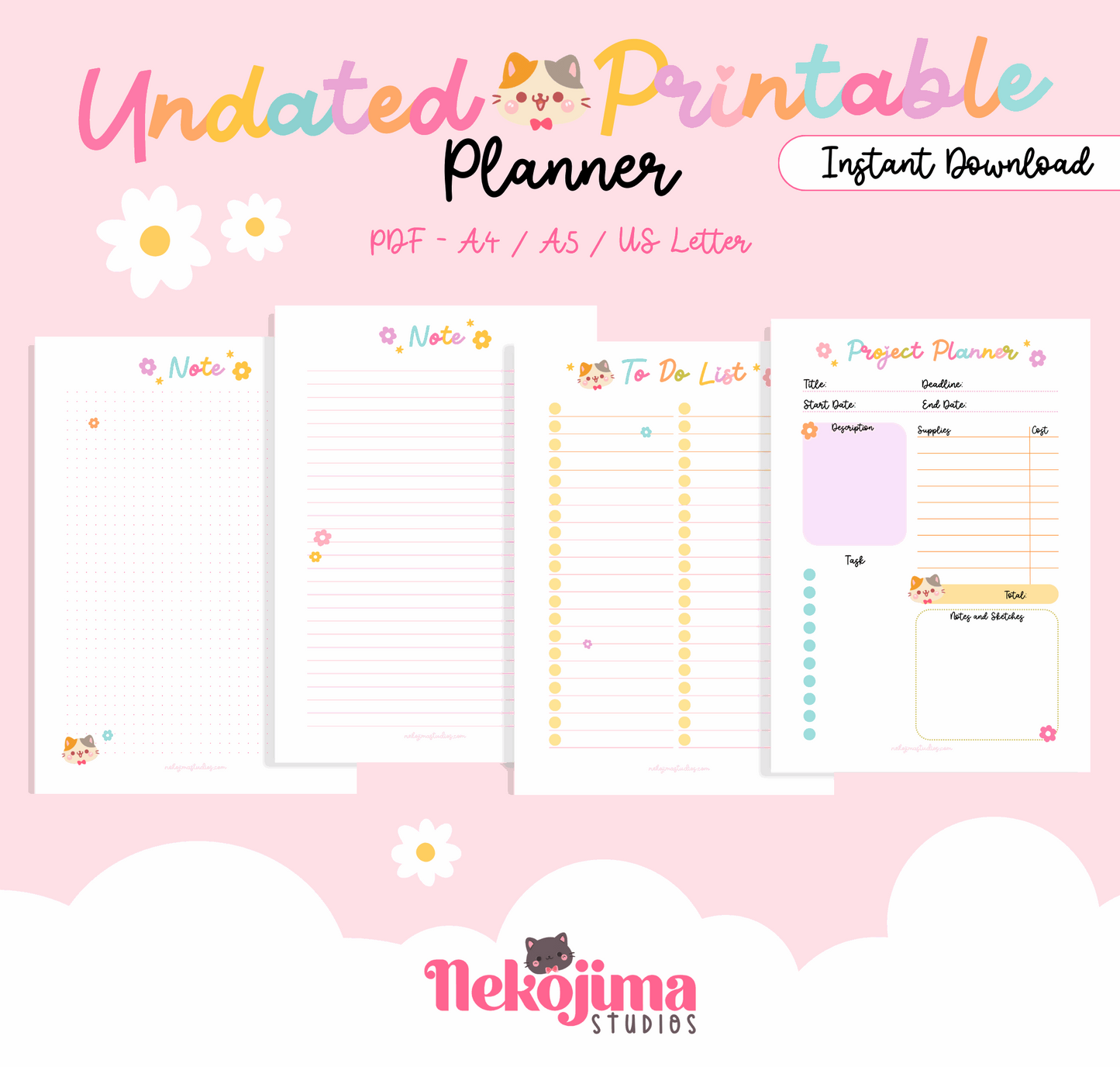 Cute Daisy Cat Printable Planner Bundle