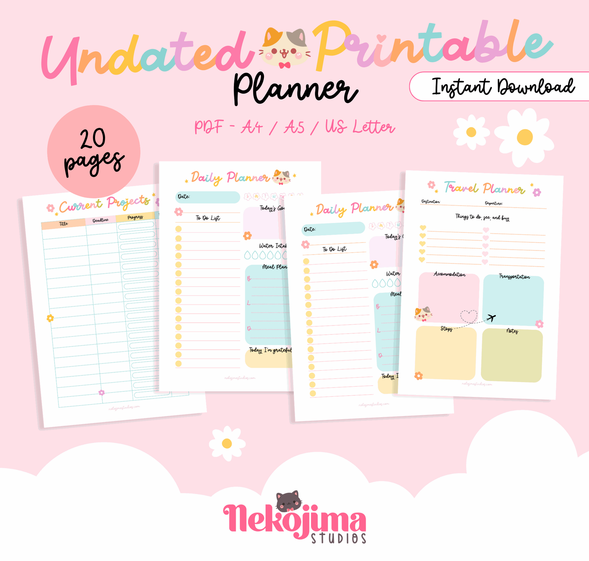 Cute Daisy Cat Printable Planner Bundle
