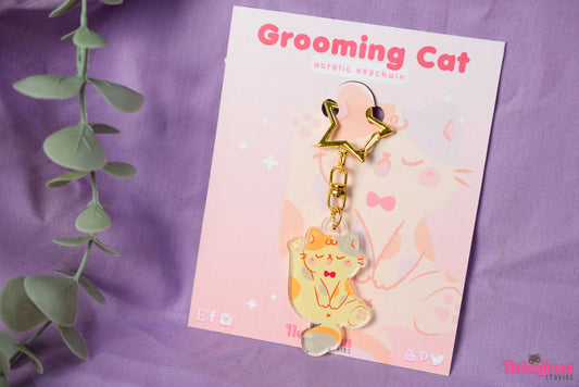 Kawaii Clear Keychain Grooming Cat