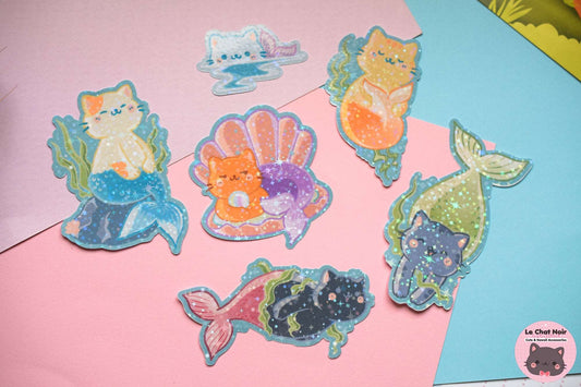 Holographic Stickers Kawaii Mermaid Cats
